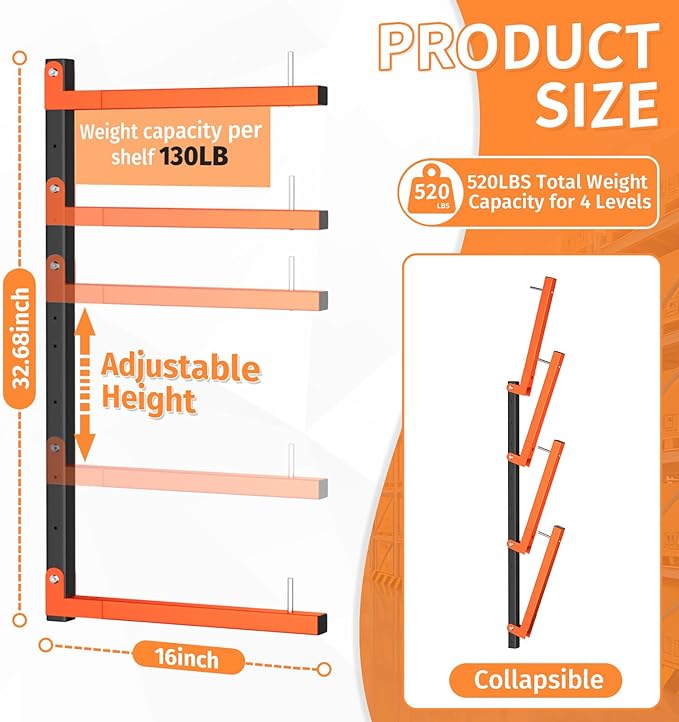 2 Pack Lumber Storage Rack, Wall Mount Foldable & Adjustable Lumber Rack with 4-Level Holds Up 520 Lbs, Heavy Duty Metal Garage Wood Rack for Workshop, Basement, Indoor and Outdoor