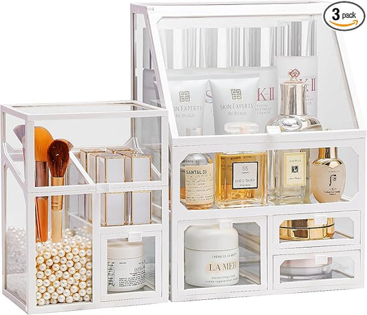 MOOCHI White 3 Pieces Makeup Organizers, glass, Skin Care Organizer, Drawers,Brush Organizer,Countertop Cosmetics Storage Display Case