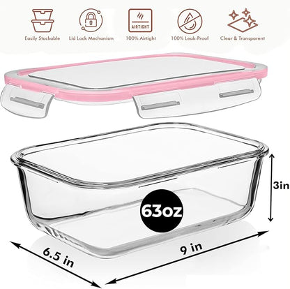 Razab 4 PC 1860ml / 63 Oz / 8 Cups Large Glass Food Storage Containers with Lids - Glass Meal Prep Containers for Roasting & Storing Leftover, Lunch Container with Lids, Microwave & Oven Safe