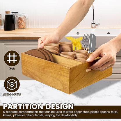 Wood Utensil Holder for Party, Paper Plate Dispenser and Holder for Kitchen Counter, Paper Plate Organizer for Countertop, Wood Silverware Caddy for Cups Spoons Forks Plates Napkins