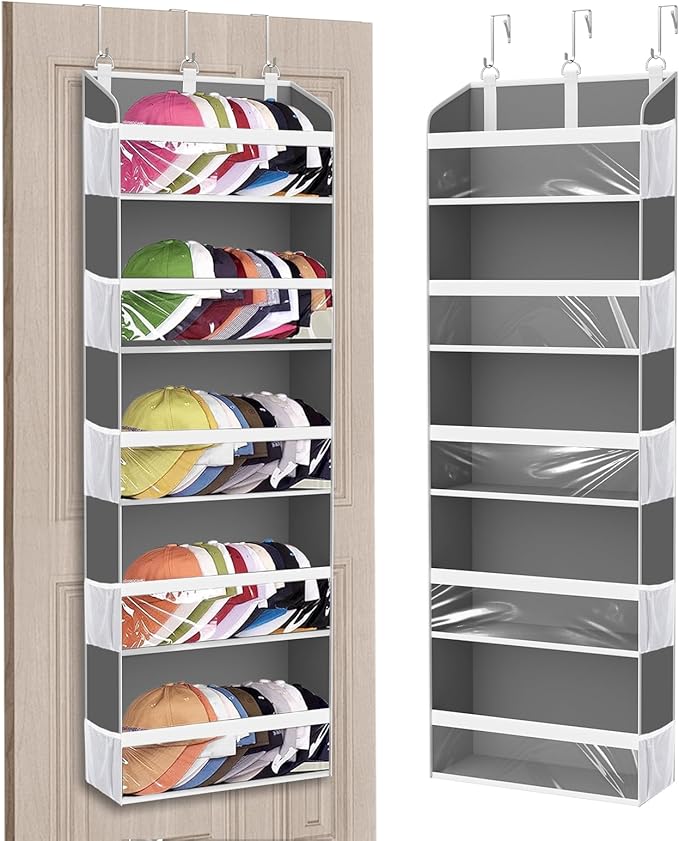 KYEVIS Holds 60 Caps Over the Door Hat Organizer for Baseball Caps,5-Tier Large Capacity Hat Rack Storage for Closet Door, Clear Deep pockerts Hanging Holder with 3 Hooks, Grey