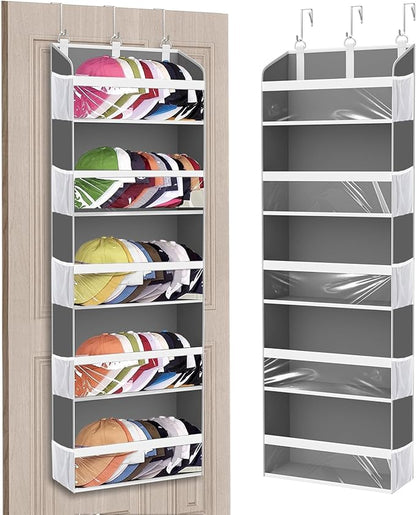 KYEVIS Holds 60 Caps Over the Door Hat Organizer for Baseball Caps,5-Tier Large Capacity Hat Rack Storage for Closet Door, Clear Deep pockerts Hanging Holder with 3 Hooks, Grey