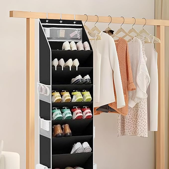 8 Tier Over the Door Shoe Storage Organizer with 8 Large Pockets, Hanging Shoe Organizer With 6 Side Pocket,Fits 16–24 Pairs of Sneakers, Sandals, Boots,Door Storage for Narrow Closet and Dorm (Grey)