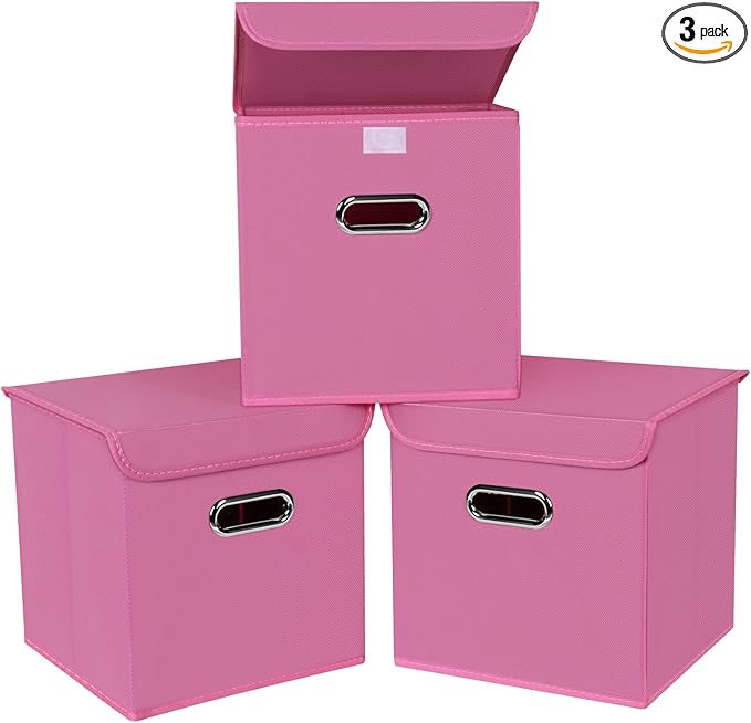 Fabric Storage Cube Bins with Lids Closet Organizers collapsible storage bins basket with Handles for Home,Storage Boxes for Organizing,3 Pack,(Pink)