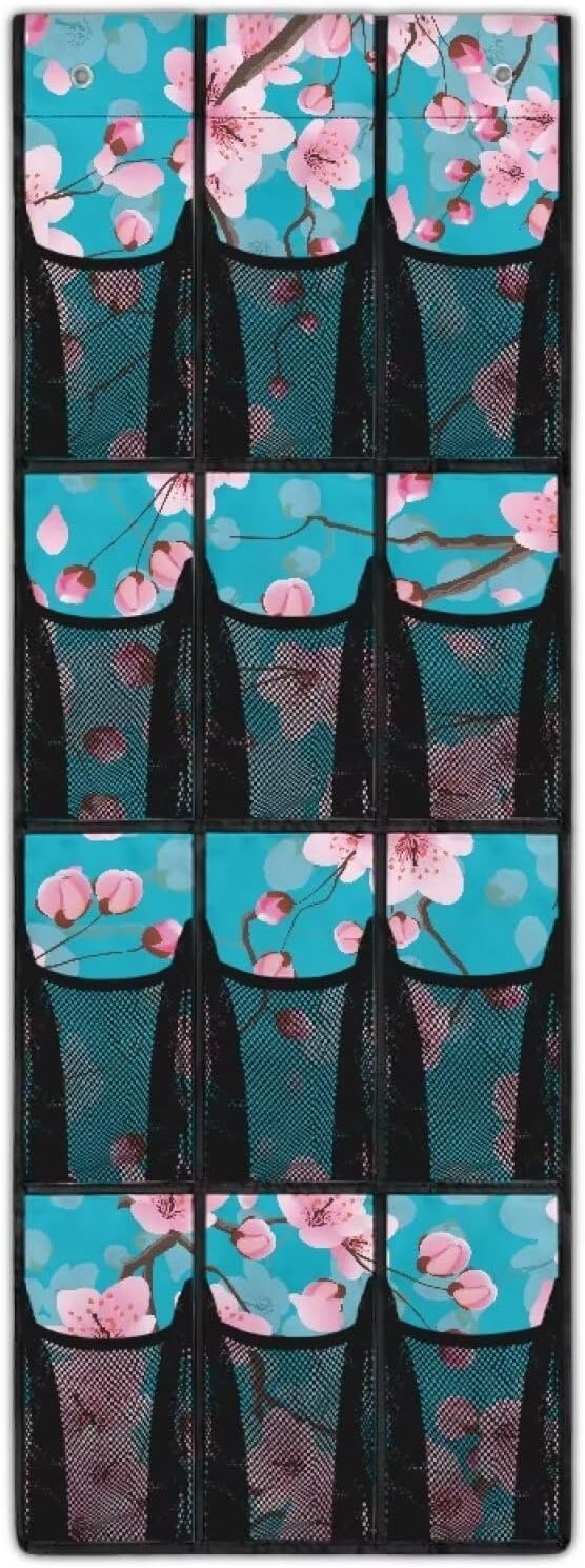 Cherry Blossom Over Door Shoe Organizer Easy to Install Behind the Door Storage 4 Shelf 12 Mesh Pockets Hanging Rack for Shoes and Accessories Multi-purpose Door Hanger Organizer