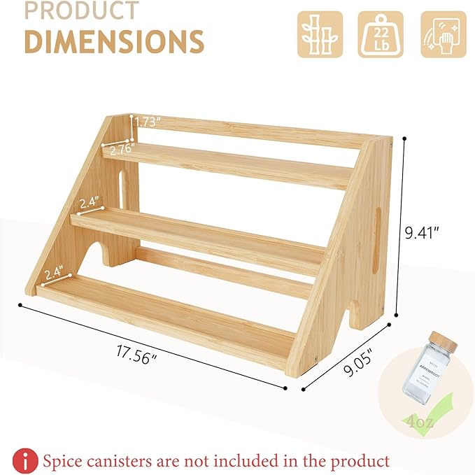 Bamboo Spice Rack Organizer -3-Tier Spice Rack for Countertop,Cabinet Spice Rack Organizer for 24 Spice Jars(4oz)，Step Shelf (yellow)