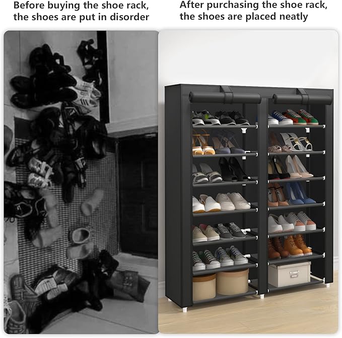JIUYOTREE 7-Tier Shoe Storage Organizer with Dustproof Cover - Closet Cabinet Shelf Holds up to 28 Pairs - For Doorway, Corridor, Balcony, Living Room - Black