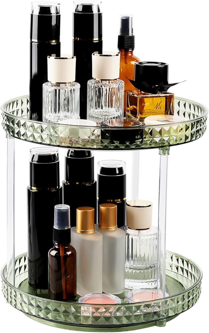 360 Clear Rotating Makeup Organize for Vanity,2 Tiers Lazy Susan with Diamond Pattern, Large-Capacity Skincare Organizers Cosmetic Display Case Organizer for Dresser (Vintage Green, 2Tiers)