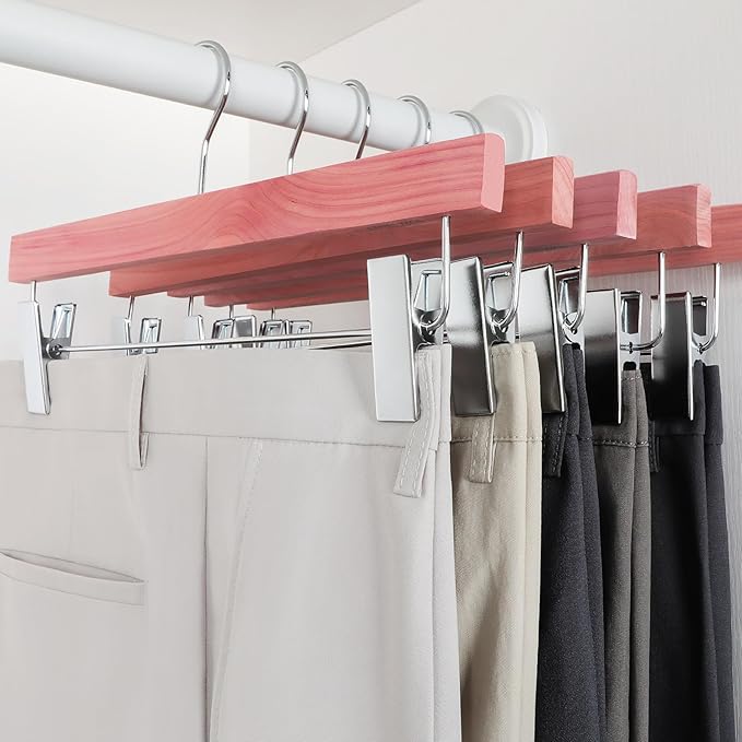 TOPIA HANGER Red Cedar Wooden Pants Hangers 20 Pack, Slacks Trouser Shorts Hangers with 2 Big Metal Anti-Wrinkle Adjustable Clips, 360° Stronger Chrome Hooks, CT07P20