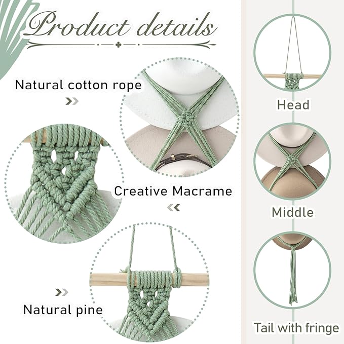 Yulejo Macrame Hat Hangers Racks Boho Cowboy Hats Holders Western Display Organizer Storage decor Back of Door for Wall(Sage Green,Three Hats Style)