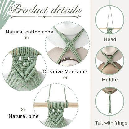 Yulejo Macrame Hat Hangers Racks Boho Cowboy Hats Holders Western Display Organizer Storage decor Back of Door for Wall(Sage Green,Three Hats Style)