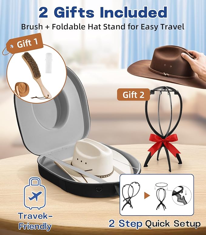 Hat Can for Cowboy Travel Extra Large, Waterproof Hard Case Box Storage for Fedora Panama Tweed Cap Holder Organizer Carrier with Adjustable Carry Strap, Men's Western Gifts, Large Grey Interior