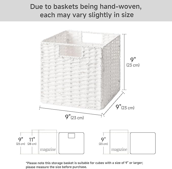 StorageWorks 9 inch Wicker Storage Cubes, Handwoven Wicker Baskets for Storage, Square Cube Basket, Foldable Paper Rope Basket for Organizing, White, 2 Pack