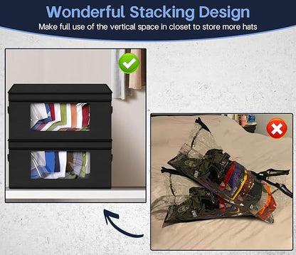 SLEEPING LAMB Stackable Hat Organzier for Baseball Caps, 4 PCS Hat Storage Boxes for Closet Hold 60 Caps with Cardboard, Black