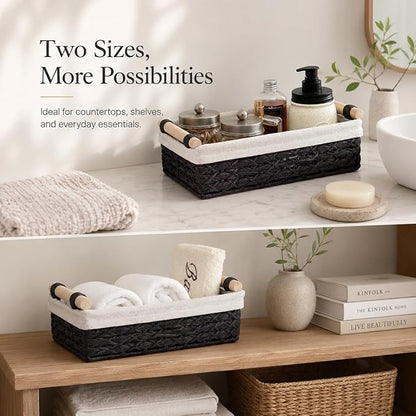 Black Wicker Bathroom Baskets Set of 2 with Linen Liner & Wooden Handles – Black Paper Rope Storage Baskets for Shelves, Bathroom Counter & Modern Décor