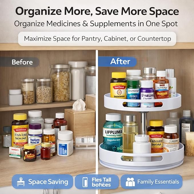 Pill Bottle Organizer,2 Tier Lazy Susan Organizer,Rotating Spice Rack Organizers for Cabinet,Turntable Organization and Storage for Medicine Cabinet Bottle Pantry Countertop