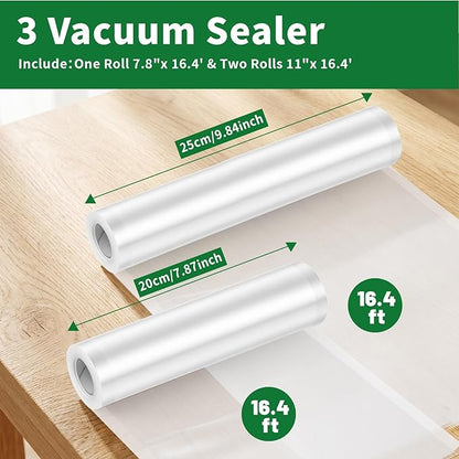 3 Pack Vacuum Sealer Rolls Compatible with Nesco vacuum sealers, Thickened Food-Grade Custom-sized Vacuum Sealer Bags for Freezer Storage, Meal Prep & Sous Vide Cooking（7.8"x 16.4' &11"x 16.4'）