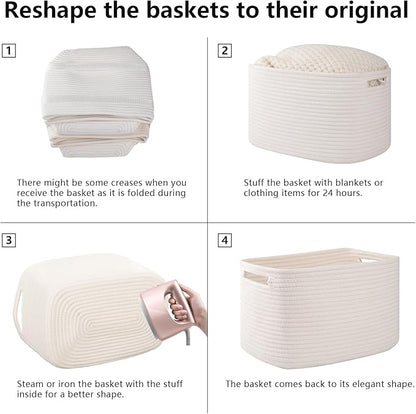 OIAHOMY 4 Pack Storage Baskets for Organizing, Cube Storage Bins for Shelves, Rectangle Storage Baskets With Handles, Woven Baskets for Storage, 16''Lx12''Wx8''H, White