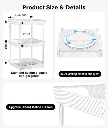 3 Tier Lazy Susan Bathroom Countertop Organizer, 360° Clear Rotating Square Storage Tray, Cosmetics and Perfume Organizer, Spinning Storage Tray Vanity Organizer Shelf for Bathroom Cabinet, Kitchen