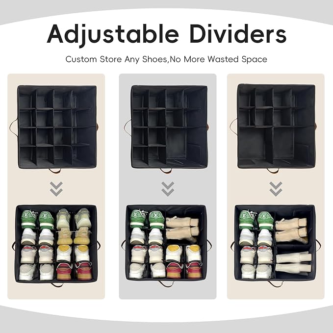 Fabric Shoe Organizer for Closet, 3 Pack Shoe Storage Organizer with Clear PVC Cover and Adjustable Dividers, Fits 24-48 Pairs – Shoe Organizer Box Foldable & Dustproof