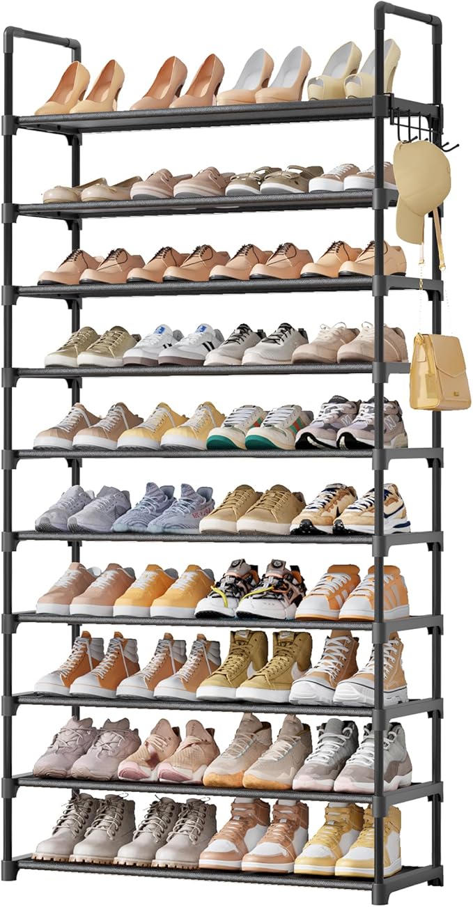 Kitsure Shoe Rack for Closet - 10-Tier Shoe Organizer with Hook Rack, Large-Capacity & Space-Saving Shoe Shelf for Entryway, Bedroom, Living Room,32.2" x 11.8" x 68.5", Black
