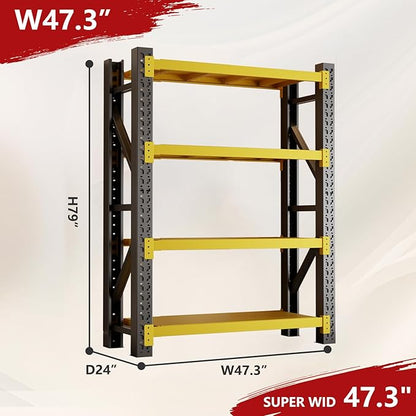 4000lbs Garage Shelving Heavy Duty, 48" W 4-Tier Metal Adjustable Garage Shelves, 24" D Storage Shelves for Warehouse, Pantry, Basement, 47.3" W X 24" D X 79" H (Black+Yellow, 47.3x24x79)