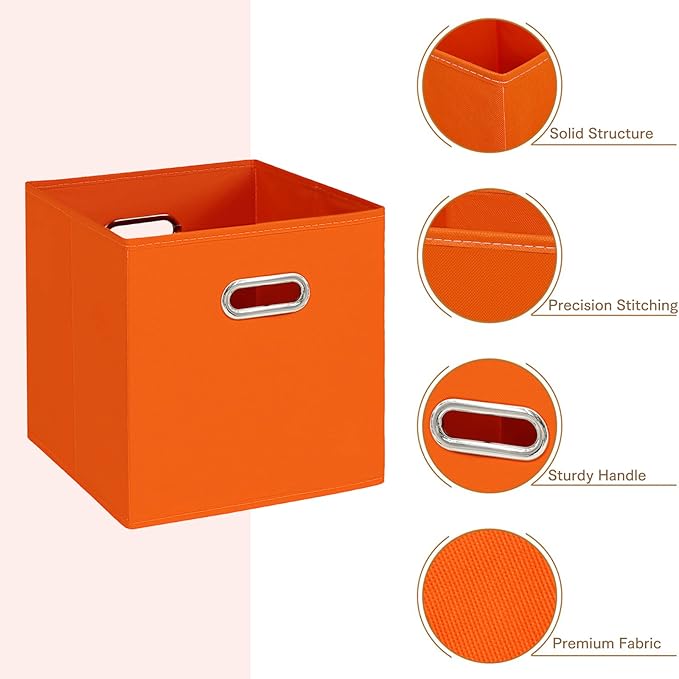 Fabric Cloth Storage Bins,Fabric Cube Bins Organizer with Dual Handles Foldable Cube Storage Baskets for Home Bedroom Storage,Set of 3,(Orange)