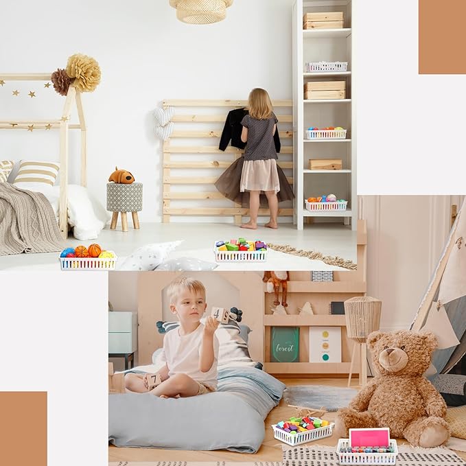 Wenqik 24 Pcs Plastic Storage Baskets for Classroom Organizing Small Pantry Storage Bins Rectangular Tray for Back to School Household Toys Classroom Bedrooms, Kitchens Countertops(White)