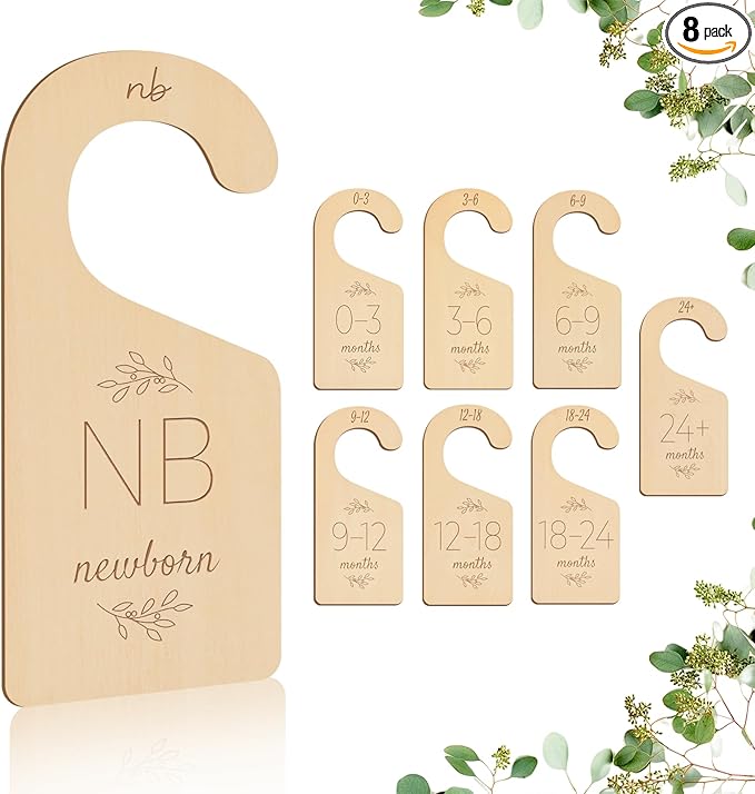 Wooden Baby Closet Dividers - 8 Pcs Double-Sided Design for Newborn Nursery Room Wardrobe Storage by Months Size - Perfect Toddler Clothes Organizer