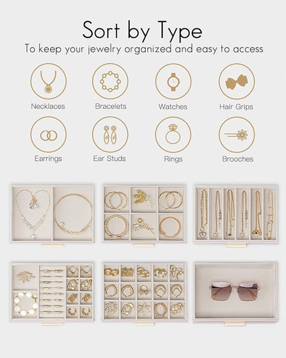VLANDO 6 Layer Jewelry Box for Women, Glass Lid Jewelry Organizer with 6 Drawers for Necklaces Rings Earrings Bracelets - Light Pink