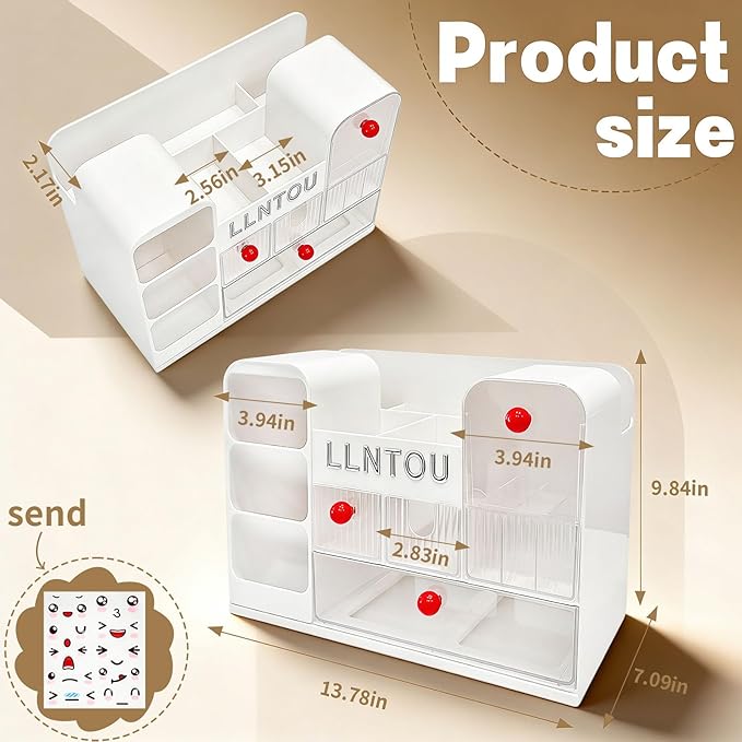 Makeup Organizer for Vanity with Brush Holder, Large Cosmetic & Skincare Organizer Countertop with Muti-Drawers, Cosmetic Display Case for Lipsticks, Nail Polishes, Perfumes, Eyeshadow (white)