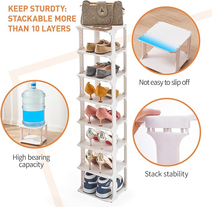 5 Tiers Vertical Shoe Rack, Narrow Free Standing Shoe Storage Organizer for Entryway and Small Closet, Stackable Shoe Holder Shelf Stability DIY, Beige