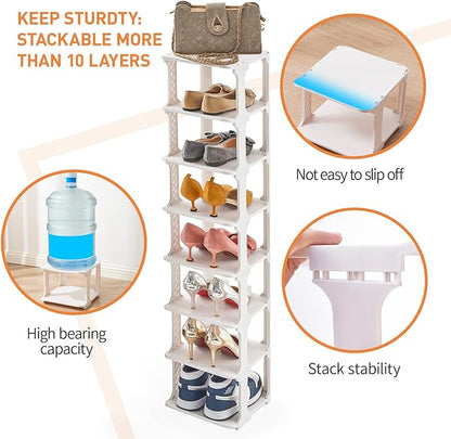 5 Tiers Vertical Shoe Rack, Narrow Free Standing Shoe Storage Organizer for Entryway and Small Closet, Stackable Shoe Holder Shelf Stability DIY, Beige