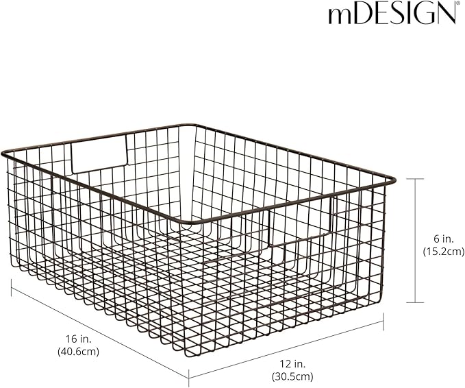 mDesign Metal Wire Food Storage Basket Organizer with Handles for Organizing Kitchen Cabinets, Pantry Shelf, Bathroom, Laundry Room, Closets, Garage - Concerto Collection - 2 Pack - Bronze