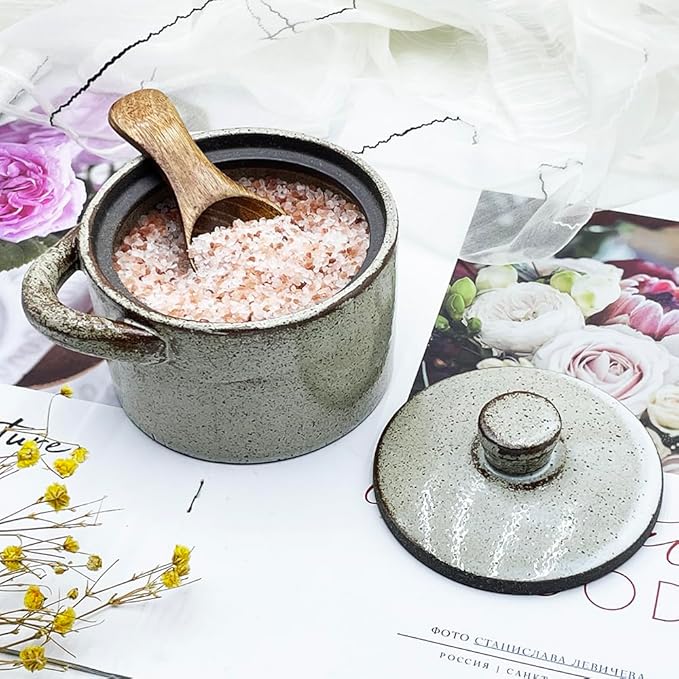 8 oz Ceramic Salt Cellar with Lid & Wooden Spoon,Countertop Salt Container,Sugar Bowl,Spices Jar| Artisan Kitchen Decor(Light Coarse Pottery Color)