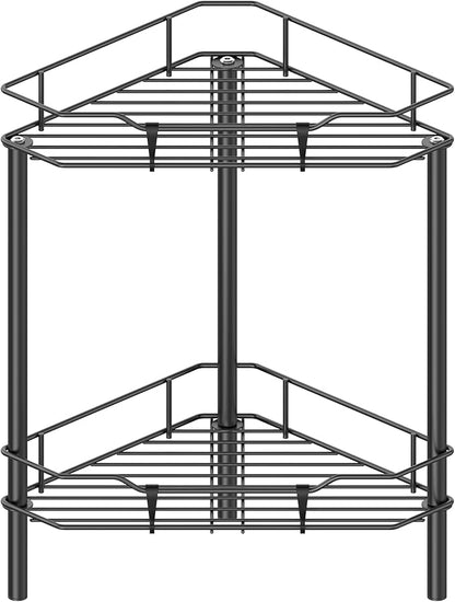 HuggieGems 2 Tier Floor Standing Corner Shower Caddy Organizer Shelf with Hooks, Bathroom Shelves Stand Rack, Black