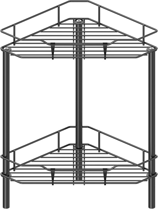 HuggieGems 2 Tier Floor Standing Corner Shower Caddy Organizer Shelf with Hooks, Bathroom Shelves Stand Rack, Black