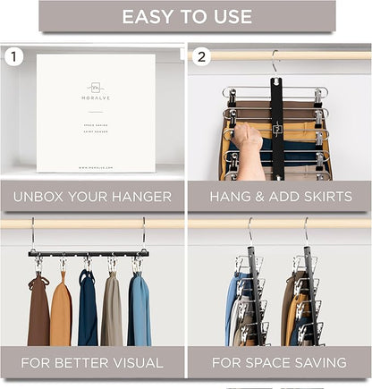 MORALVE Skirt Hangers Space Saving with Clips - 2 Pack - European Beechwood 5-Tier Hanger for Shorts, Skirts, and Pants - Closet Organizer and Storage Solution for Women with 360° Swivel Hook
