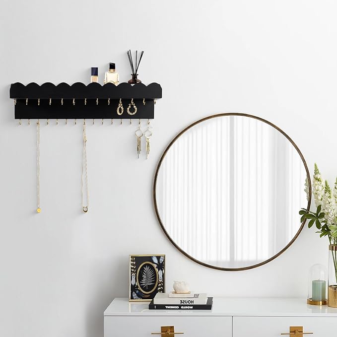 Wall Mount Jewelry Organizer with 28 Hooks and Cosmetics Shelf, Modern Wood Hanging Jewelry Holder for Necklaces, Bracelets, Earrings and Rings, Black