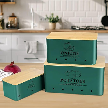 Kitchen Vegetable Storage Set of 3, Metal Onion Garlic Potato Storage Set, Kitchen Canisters Vegetable Keeper Containers with Aerating Holes and Wooden Lid (Alpine Green)