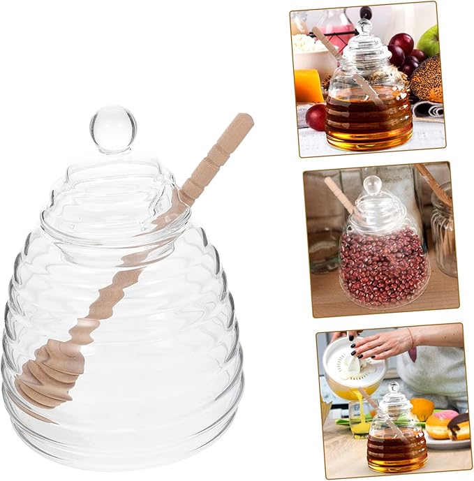 Amosfun 1Set Honey Storage Jar with Stirring Rod Transparent Borosilicate Glass Syrup Dispenser for Home Kitchen Use for Honey Jam and Syrup Storage