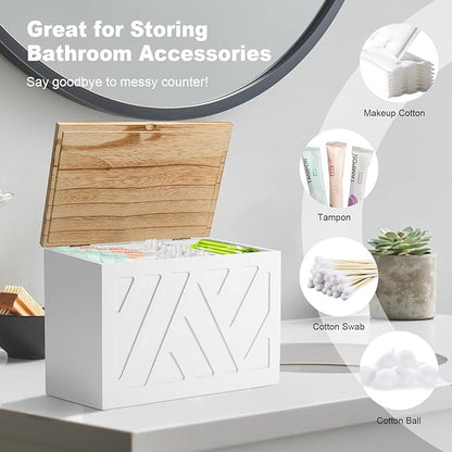 Tampon Holder for Bathroom, Feminine Product Organizer, Pad Organize Case with Lid, Shark Week Wooden Tampon Storage Decor, Lady Girl Stuff Box for Toilet Bathroom Accessories- White