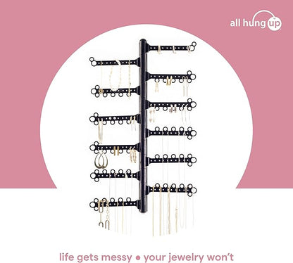 AllHungUp 12-Tier Wall Jewelry Organizer Wall Mounted Jewelry Organizer Necklace Holder Wall Mount Hanging Necklace Organizer Jewelry Hanger Wall Mounted Earring Holder Display Earring Organizer Black