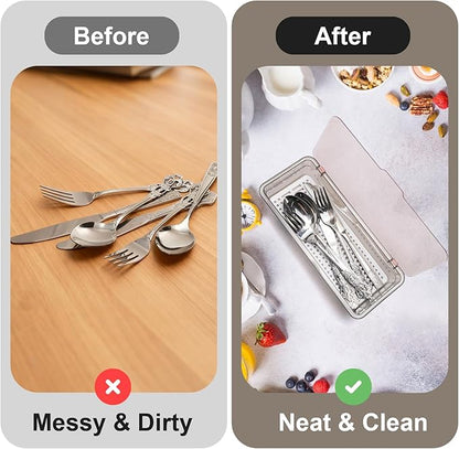 Elsjoy 6 Pack Flatware Trays with Lid and Drainer, Plastic Utensil Holder for Kitchen Counter, Silverware Storage Box Covered Cutlery Container for Home