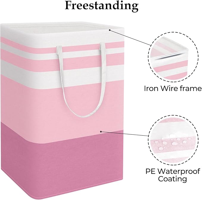 StorageRight Large Collapsible Laundry Basket Hamper with Easy Carry Handles，Freestanding Clothes Hampers for Laundry, Bedroom, Dorm, Towels, Toys, 75L, Pink