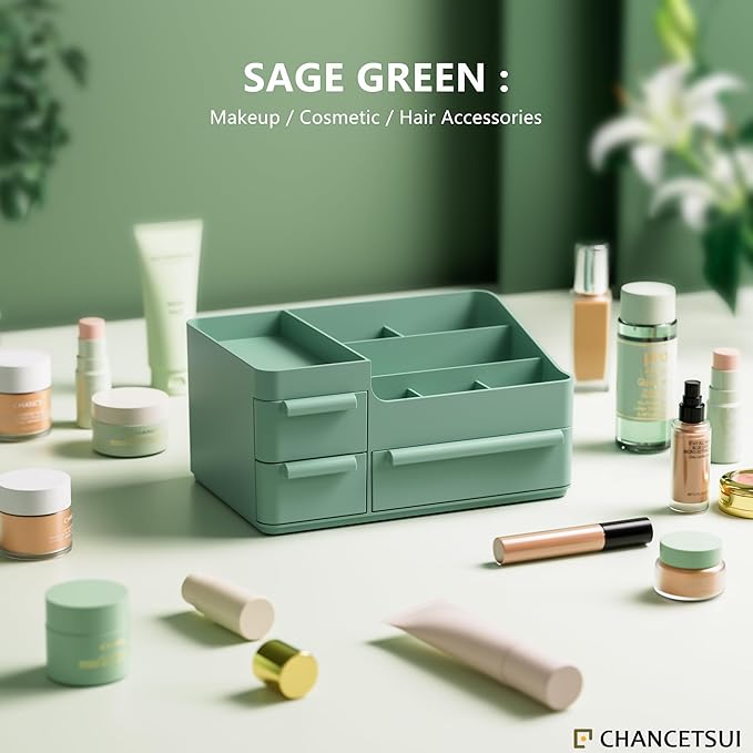 CHANCETSUI Makeup Organizer With Drawers, Countertop Organizer for Cosmetics, Vanity Holder for Lipstick, Brushes, Lotions, Eyeshadow, Nail Polish and Jewelry (Green)