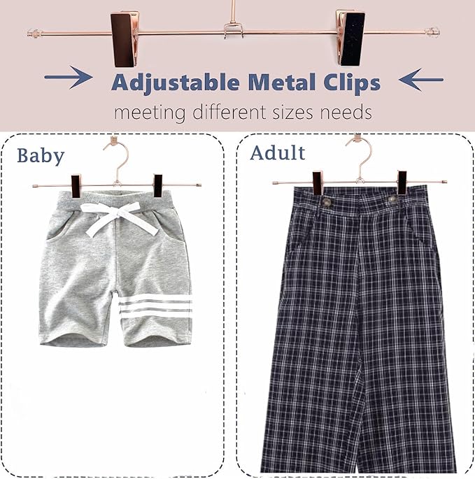 13.8" Rose Gold Pants Clothes Hangers, 10 Pack Trouser Hangers with Clips Metal Trouser Clip Hangers,Heavy Duty Metal Wire Adjustable Clips Bottom Trousers Legging Organizer