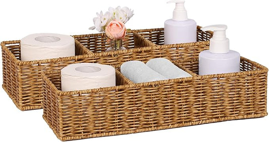 Resin Wicker Toilet Basket - Water-Resistant 2-Pack 3-Sections｜Toilet Tank Organizer for Bathroom Farmhouse
