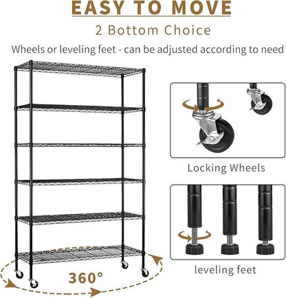 Storage Shelves with Wheels 6 Tier Wire Shelving Adjustable Metal Shelving Unit Heavy Duty NSF Shelf Capacity 2100lbs for Garage Racks, Kitchen, Closet, Commercial (45"x18"x82", Black)