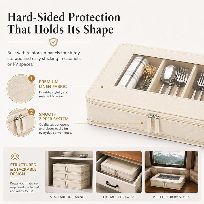 Joyfol Day Flatware Utensil Storage Case, Beige Silverware Storage Box Chest with Adjustable Dividers, Removable Cutlery Storage Holder with Zipper Lid for Organizing Spoon/Flatware/Knives